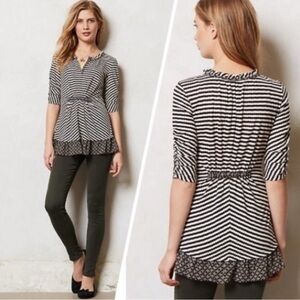 Anthropologie Boho Cinched Ruched One September Small Stripe Short Sleeve Top